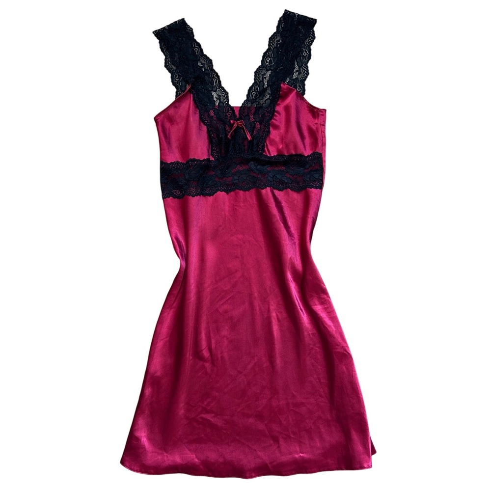 Vtg burgandy Satin Black Lace Trim Slip Dress Dark Romantic‎ Whimsygoth S sexy